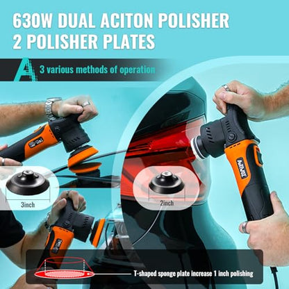 AUTIWOZ Mini Polisher, 2/3Inch Small Buffer Polisher, 630W with 12mm Random Orbital, Dual Action Car Polishers and Buffers for Car Detailing, Headlight Polishing, 2500-7000RPM with Soft Start, W02 - size: k1