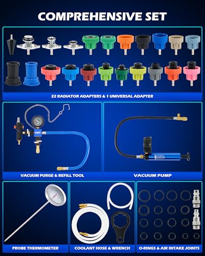 OMT 31pc Coolant Pressure Tester Kit with 23 Radiator Adapters | Master Coolant Vacuum Refill Kit, Radiator Cooling System Pressure Tester Kit with Vacuum Pump Vacuum Purge & Refill Tool - color: Black