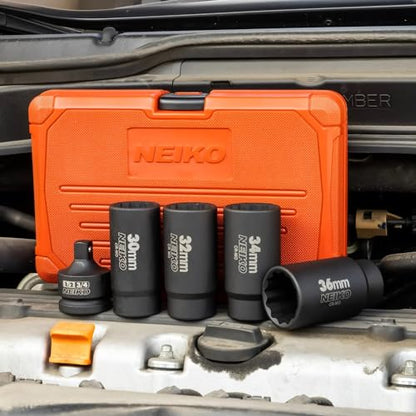 NEIKO 02530A 5 Piece 12 Point Socket Set 1/2” Drive, Lug Nut Remover, Spindle Nut Socket, Axle Nut Socket Set, Metric 30mm - 36mm Socket 1/2 Drive Impact Set, Cr-Mo Impact Adapter, 3/4" - 1/2” Reducer - size: 30-36 mm (5-Piece Set)