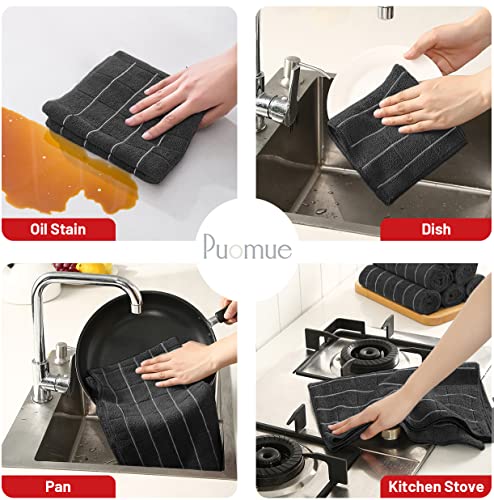 Puomue Microfiber Kitchen Towels and Dishcloths Set, 26 X 18 Inch and 12 X 12 Inch, Set of 12 Bulk Lint Free Dish Towels for Drying Dishes, Black - color: Black