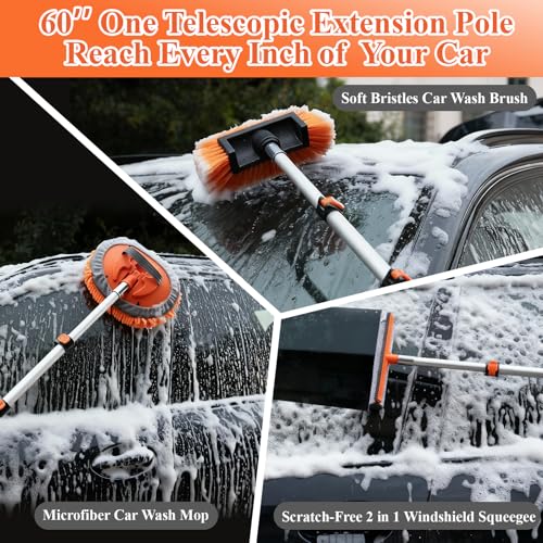10Pcs 60" Car Wash Kit with Long Handle, Soft Extendable Car Wash Brush & Mop, Wheel & Tire Brush, 2-in-1 Window Squeegee, Microfiber Towel & Wash Mitt for Cars, SUVs, Trucks Exterior Cleaning - style: Exterior