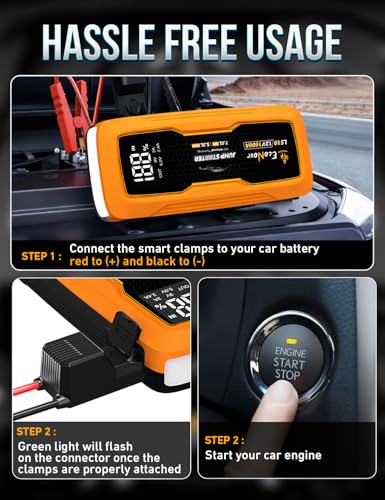 EcoNour car Battery Jump Starter 1600A Peak Up to 7L Gas & 5.5L Diesel Engines 12V Lithium Jump Box with Jumper Cables, USB Charger, LCD Display, LED Flashlight – for Cars, SUVs, Trucks - color: Orange