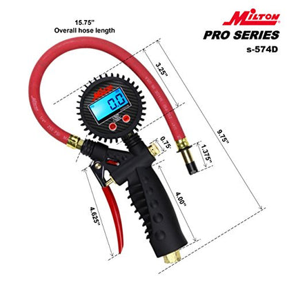 Milton Pro Digital Tire Pressure Gauge S-574D, Straight Foot Chuck, Pistol Grip Handle, Easy to Read 0.1 Display, 255 PSI Max Pressure, 15 Inch Hose, 1/4" NPT (PSI, kPa, Bar, and kg/cm2) - size: Straight Foot Chuck, style: Digital