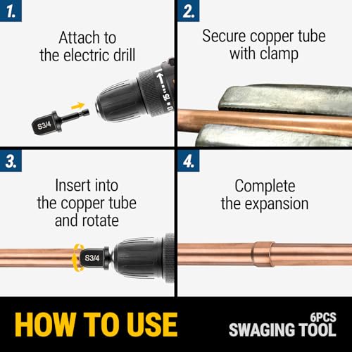 HVAC Copper Swaging Tool & Copper Flaring Tool Drill Bit Set, 11-Piece Black Soft Tube Expander, Carbon Steel, Swage & Flare for Electric Drill, Repair Kit for 1/4 3/8 1/2 5/8 3/4 7/8 Pipe