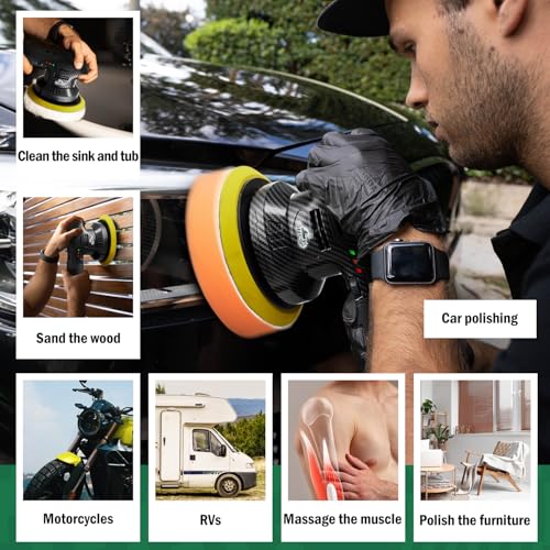 BATOCA 2026S3 Cordless Car Buffer Polisher, 2x2.0Ah 11.1V Lithium-ion Rechargeable Battery Powered Polisher with 6 Variable Speed, DA Orbital Buffer for Car Detailing, Polishing, Waxing, Carbon Style | Long motor life, Battery Powered Polisher, Lightweigh