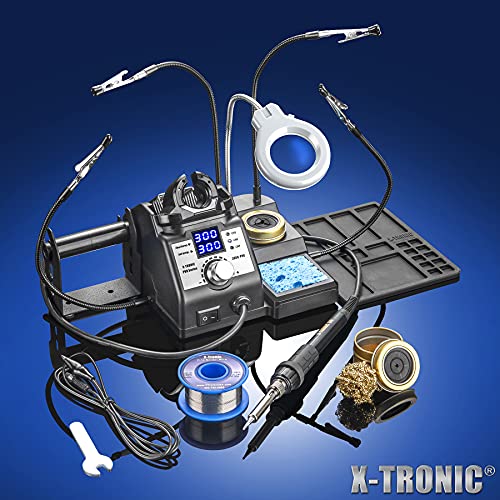 X-Tronic 3060-PRO - 75 Watt Soldering Iron Station with Mini Mag Lamp & 4 Helping Hands - 2 Digital LED Displays, 3 Temp Presets, Sleep Func, C/F Func, Brass Sponge w/Flux & Wet Sponge - style: PRO - w/1 Soldering Tip