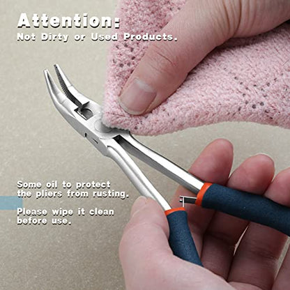 Long Reach Bent Nose Pliers for Jewelry Making 6 Inches Mini Bent Nose Pliers with Cutter Split Ring Jewelers Pliers Curved Needle Nose Pliers for Crafting and Repair Supplies - style: Bent Nose Pliers Serrated Jaws