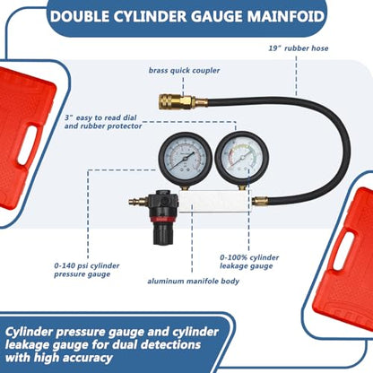 Handor Compression Leakdown Detector Leakage Test Set Cylinder Leak Down Tester Kit Dual Gauge Leakdown Detector Tool Set for Pressure Check & Leakage Rate Test Gasoline Engine