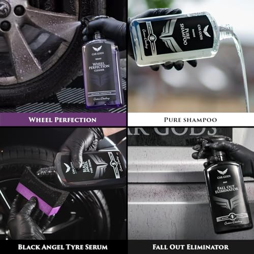 Car Gods 8 Piece Car Cleaning Detailing Kit - Shampoo - Carnauba Wax - Wheel Cleaner - Shine Detailer - Fallout Eliminator - Tyre Serum - Interior Detailer - Glass Cleaner
