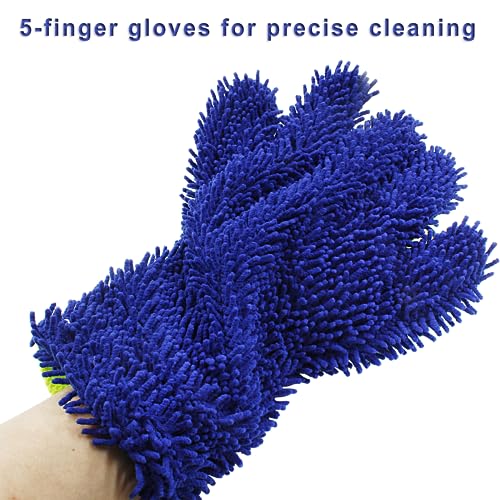 BokWin 2-Pack Car Wash Mitt, Blue | Scratch Free, 5-Finger Microfiber, Chenille Washing Sponge, Interior & Exterior Cleaning, Wheel & Tight Spot Cleaning - color: Blue