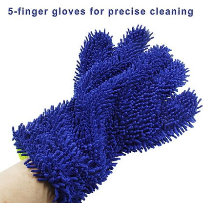 BokWin 2-Pack Car Wash Mitt, Blue | Scratch Free, 5-Finger Microfiber, Chenille Washing Sponge, Interior & Exterior Cleaning, Wheel & Tight Spot Cleaning - color: Blue