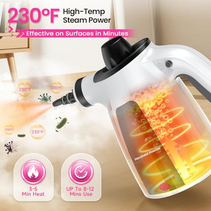 Steam Cleaner, Pressurized Handheld Multi-Surface Natural Steam Cleaner with 12pcs Accessory & Safety Lock, Portable Steamer for Cleaning Home, Kitchen, Bathroom, Car, Upholstery, Grout, Window - color: White