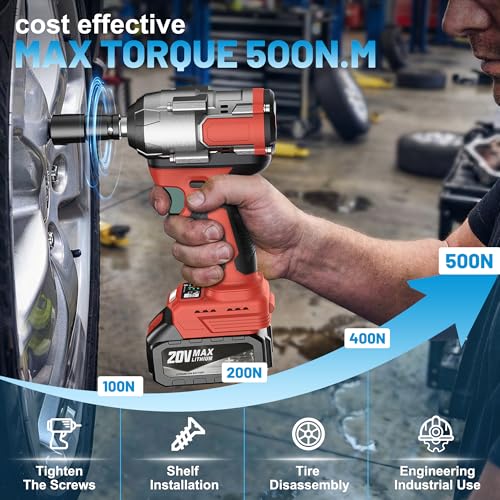 MGYM Cordless Impact Wrench 500Nm, 1/2inch Impact Wrench Gun Driver(Red) | High Torque Electric Tool Set with 2x4.0 Batteries, 6 Sockets, 8 Drill Bits, 6 Driver Bits, Drill Adapter for Home Car, DIY