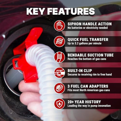 TERA PUMP Manual Siphon Fuel Transfer Pump | Gasoline & Diesel Transfer, 3.2 GPM, 3 Different Gas Can Adapters, No Heavy Lifting - size: 3 Gal / Min