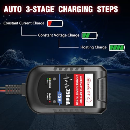 [4-Pack] 12V 750mA Trickle Charger for Car Battery, Automatic Smart Battery Maintainer & Float Charger for Motorcycle, Boat, Lawn Mower, Marine SLA AGM Gel Lead Acid Batteries