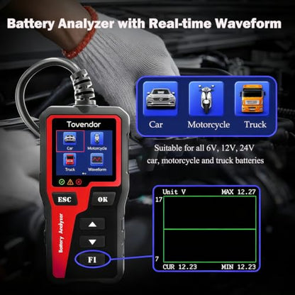 BT30 Car Battery Tester 6V/12V/24V, 100–2000 CCA, Alternator & Starter/Charging System Analyzer, Automotive Load Test, for Car Truck Motorcycle