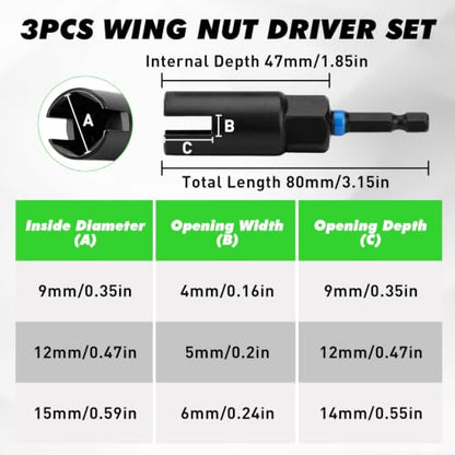 3-Piece Wing Nut Driver Set, 9mm, 12mm, 15mm, 1/4 Inch Hex Shank Power Nuts Driver Bit, Wing Nut Socket for Eye Bolt, Hook Bolt Installation, Wire Twisting - style: Wing Nut Driver Set