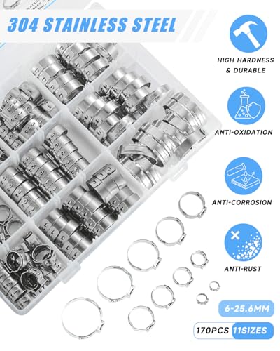 170 Pcs Single Ear Hose Clamps Kit, 11 Sizes 1/4"-1" (6mm-25.6mm), 304 Stainless Steel Crimp Hose Clamps with Pliers – Fuel Line Clamps for Automotive, Plumbing, Garden Hose - size: 11 Sizes (6.35-25.4 mm) with Pincer