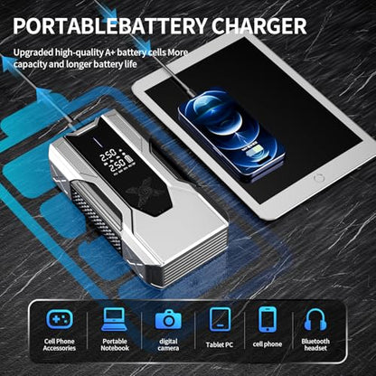Emergency Portable Jump Starter with Air Compressor - 3000A 150PSI for Cars, Trucks & SUVs up to 9L Gas/7L Diesel, 12000mAh Portable Power Bank, -20°F Cold Start (Silver)