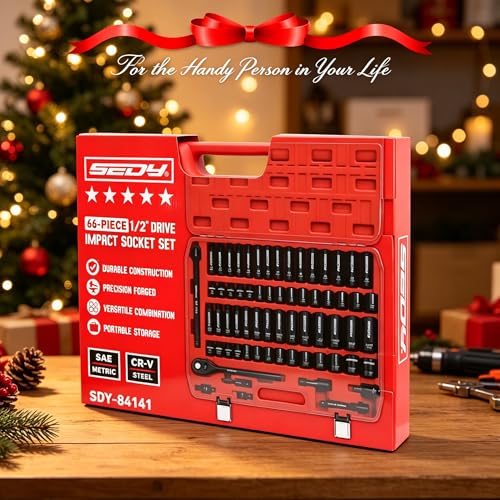 66-Piece 1/2" Drive Impact Socket Set, SAE 3/8" to 1-1/4" and Metric 10-24mm, Deep & Standard 6-Point Cr-V Sockets with Ratchet, Extension Bars, Adapters, Universal Joint, Drill Adapter, Storage Case