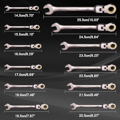 Qnkaa Flexible Ratcheting Wrench Set 24pcs Metric 8-19mm & SAE 1/4” to 7/8“ | Flex-Head Spanner Gear Ring Ratchet Combination Wrenches Kit with Portable Organizer - style: Metric+SAE 24pcs