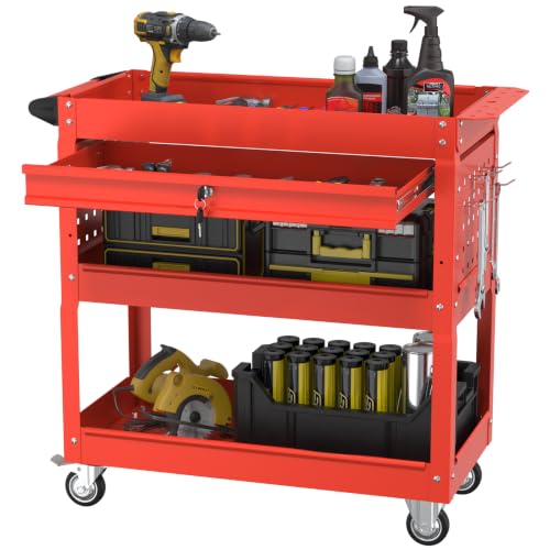 3 Tier Rolling Cart, Heavy Duty Utility Industrial Service Carts on Wheels, Metal Tool Cart with Locked Drawers, Ideal for Garage, Warehouse and Repair Shop (Red) - color: Red
