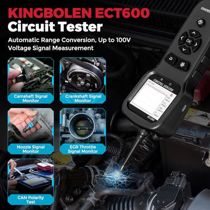 KINGBOLEN ECT600 Automotive Power Circuit Probe Tester with Battery/Relay/Fuel Inject Test, 12-24V Electrical Short/Open Circuit Finder, AC/DC Voltage,Component Activation, Oscilloscope Display,36FT | 12-24V Electrical Short/Open Circuit Finder Relay Fuel