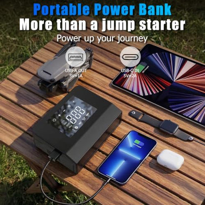 Car Battery Jump Starter with Air Compressor, 4000A 150PSI Tire Inflator, 15000mAh PowerBank with LED Light, 12V Portable Car Battery Jump Power - All Gas/8.0L Diesel