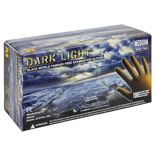 Adenna DLG675 Dark Light 9 mil Nitrile Powder Free Exam Gloves (Black, Medium) Box of 100 - size: Medium (Pack of 100)