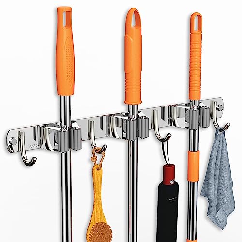 CUXIXA Mop and Broom Holder Wall Mount, Upgraded Broom Organizer Wall Mount, Stainless Steel Broom Hanger Wall Mount for Home Kitchen Garden Laundry Garage (3 Racks with 4 Hooks) - color: Silver, size: 3 Racks with 4 Hooks