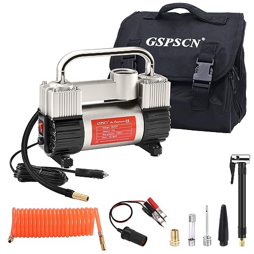 GSPSCN 12V Heavy Duty Tire Inflator Metal Portable Air Compressor Pump | 6X Faster Inflation Dual Cylinders 150PSI Air Pump with Adapter for Car, RV,Pickup Truck, SUV, Van,Camper, Air Bed,Ball - color: Silver