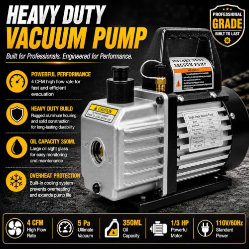 XtremepowerUS 4 CFM HVAC Vacuum Pump Kit with R134a R22 R32 R410A Manifold Gauge Set, Leak Detector, R134a Quick Couplers, Can Tap & Carry Bag for AC Refrigeration Recharge - size: 4.0CFM
