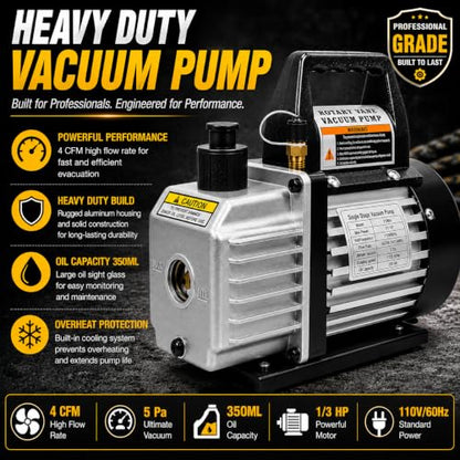 XtremepowerUS 4 CFM HVAC Vacuum Pump Kit with R134a R22 R32 R410A Manifold Gauge Set, Leak Detector, R134a Quick Couplers, Can Tap & Carry Bag for AC Refrigeration Recharge - size: 4.0CFM
