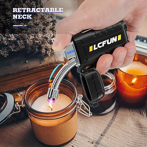 LcFun USB C Rechargeable Electric Lighter, Waterproof Plasma Lighters with LED Battery Display, Windproof Long Arc Lighters for Candle, Camping, Hiking, Outdoor Survival Gadgets for Men - color: Black, style: Flexible Arc With Flashlight