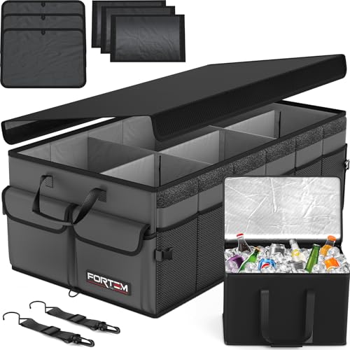 FORTEM Trunk Organizer with Cooler For SUV Car Trunk, Foldable Storage, Car Accessories for Women Men, Collapsible Bag, 600D Oxford, Non Slip Bottom, Straps, Soft Cover (105L) - color: Grey, size: XXL (105L)