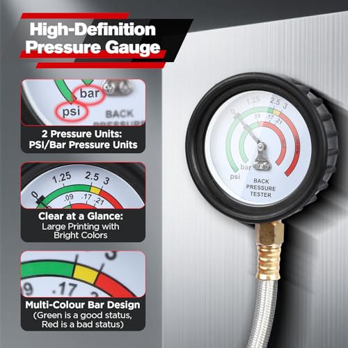 Exhaust Back Pressure Tester Kit with 6FT Stainless Steel Hose, Professional Diesel Automotive Exhaust Back Pressure Gauge with Quick Connector, M12 & M18 Adapters, for Trucks, SUVs, Vans etc.