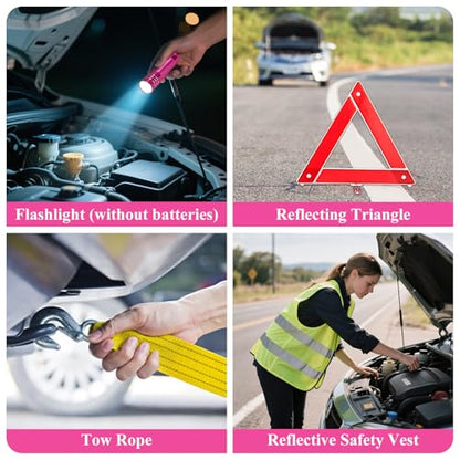 Car Roadside Emergency Kit, Vehicle Truck Safety Emergency Road Side Assistance Kits with Jumper Cables, Pink - color: Pink, size: 91pcs