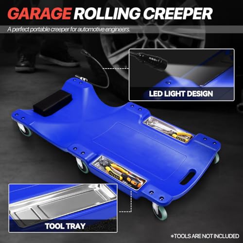 Heavy-Duty Mechanic Creeper with LED Light, Low Profile Under Car Design, 300 LBS Capacity, Tool Trays, Padded Headrest, Multi-Terrain Wheels for Garage or DIY Use, 40" L x 18" W