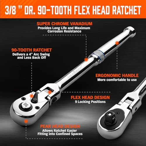 HORUSDY 3/8" Drive 90-Tooth Flex Head Ratchet Handle, 180° Adjustable CR-V Ratchet with Quick Release & Reversible Switch, 4° Swing Arc Socket Wrench for Automotive, Bike & DIY Repair - style: 3/8" Drive Flex Head Ratchet