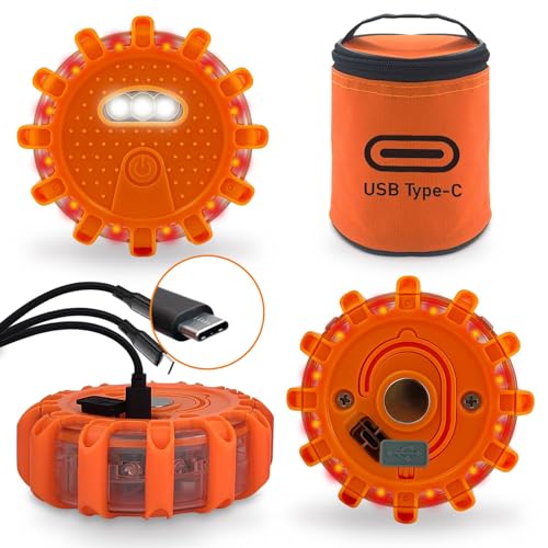 Ecoangel USB-C Rechargeable LED Road Flares Emergency Lights for Vehicles | Large-Size, Waterproof & Crushproof, 9 SOS flash modes, magnetic base, for Vehicles & Boat, USB-C rechargeable, 3 in 1 Cable - color: 3 PACK USB C High Power