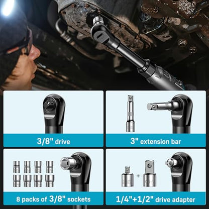 Extended Cordless Electric Ratchet Wrench: 66 Ft-lbs Power Ratchet Wrench 3/8", Brushless Motor, Variable Speed Trigger, 2 Pack 21V Batteries & Charger, 8 Sockets, 1/4"& 1/2" Adapter, 3" Extension Bar - size: 3/8 inch Extended