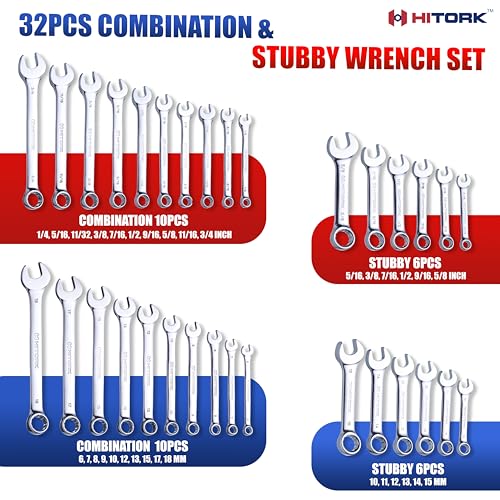 HITORK 32 Piece Wrench Set SAE & Metric 20 Standard & 12 Stubby Combination Wrenches Cr-V Steel 12-Point Mirror Finish 15° Offset with Organizer Tray Ideal for Auto & Home Repair - style: 32 Piece Set SAE & Metric