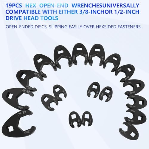 KTPROT 20PC 3/8” and 1/2” Drive Jumbo Crowfoot Flare Nut Wrench Set | Metric Tool 8 to 32 mm Sizes,Flare Nut Wrench set for 3/8in and 1/2in Drive Ratchet - color: 20pcs