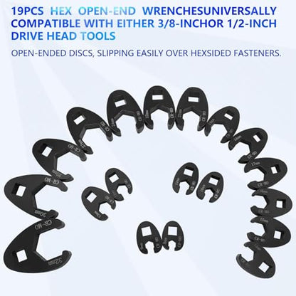 KTPROT 20PC 3/8” and 1/2” Drive Jumbo Crowfoot Flare Nut Wrench Set | Metric Tool 8 to 32 mm Sizes,Flare Nut Wrench set for 3/8in and 1/2in Drive Ratchet - color: 20pcs