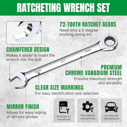 SK Ratcheting Wrench Set, Combination Wrench Set, 20-Piece, SAE 1/4" to 3/4", Metric 6 to 18mm, 72-Tooth, Premium CR-V Construction, with Rolling Pouch - size: 20-Piece, SAE 1/4" to 3/4", Metric 6 to 18mm