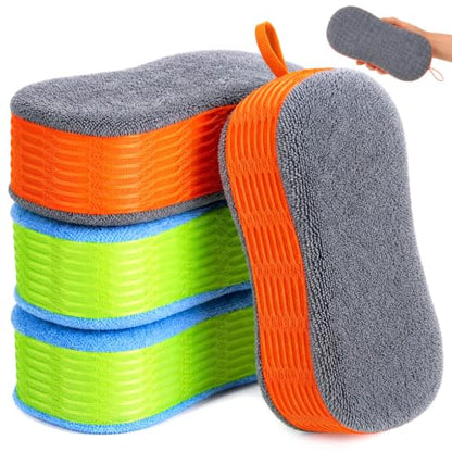 4 Pack Large Microfiber Car Wash Sponges, Cleaning Extra Thick Multi-Purpose Non Scratch Dual-Sided Scrub Pad Reusable Pad for Car, Trucks, Suvs, Boat, Bathroom, Kitchen(Green & Orange) - color: Green & Orange