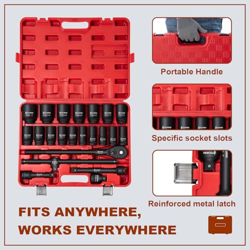3/4" Impact Socket Set, 22PCS 6-Point SAE (3/4" to 2"), Cr-Mo, with Adapters, Quick Release Ratchet, Extension Bar & Storage Case - size: 22-Piece 3/4" Drive Impact Socket Set SAE