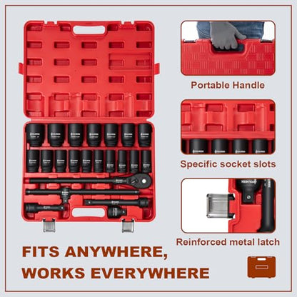 3/4" Impact Socket Set, 22PCS 6-Point SAE (3/4" to 2"), Cr-Mo, with Adapters, Quick Release Ratchet, Extension Bar & Storage Case - size: 22-Piece 3/4" Drive Impact Socket Set SAE