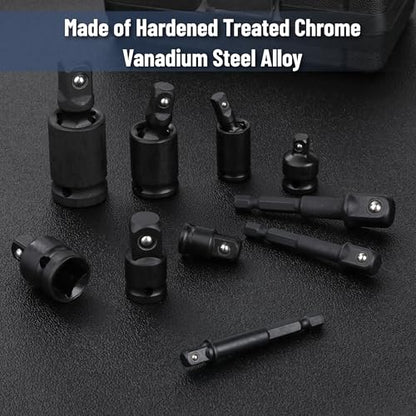 Bates- Impact Socket Adapter and Reducer Set, 10 pcs, 1/4" 3/8" 1/2" Drive, 1/4" Hex Shank, Impact Universal Joint Socket Set - color: Black, size: 10 pcs