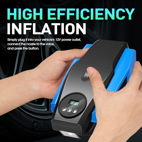DNA MOTORING Tire Inflator Portable Air Compressor, 12V DC Air Pump for Car Tires, Bike, Motorcycle, Ball, Electric Bike Tire Pump with Pressure Gauge, LED Light, Auto Shut Off, Blue, TOOLS-00679-BL - style: Standard blue